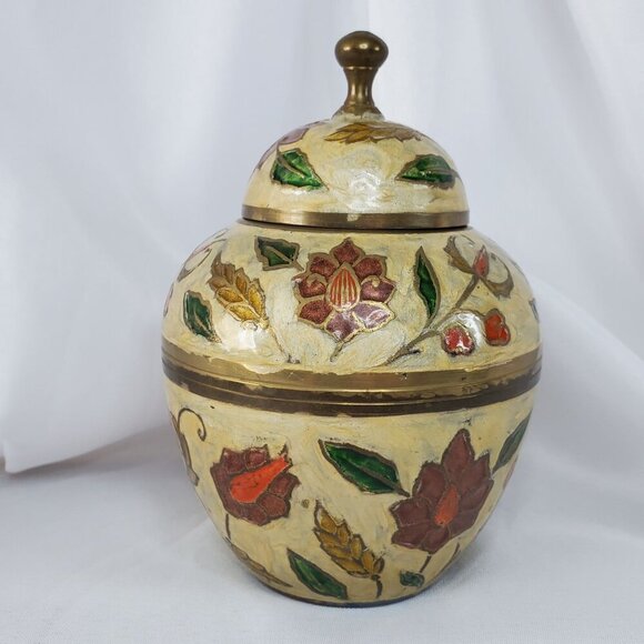 VTG Brass Cloisonné Enamel Lidded Ginger Jar Pot Urn Made in India 6 inches tall - Picture 2 of 13